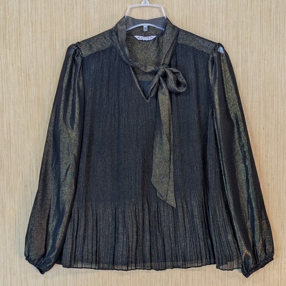 Nanette Lepore Blouse Womens Large Metallic Shimmer‎ Black Gold Pleated Bow Neck